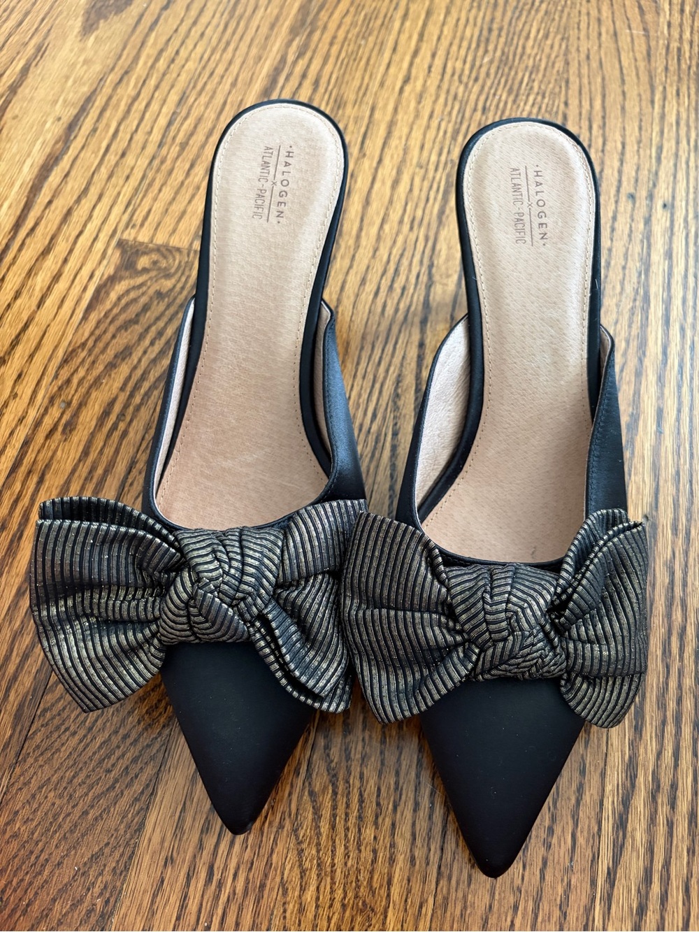 Halogen Atlantic pacific Black Pointed-Toe Slip-On Mules with Striped Bow